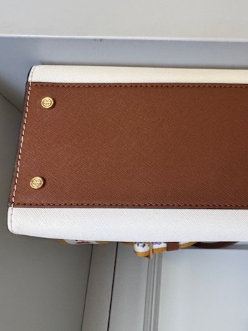 Tory Burch Cream Leather Satchel with Brown Handles and Yellow Floral Strap - Picture 8 of 14
